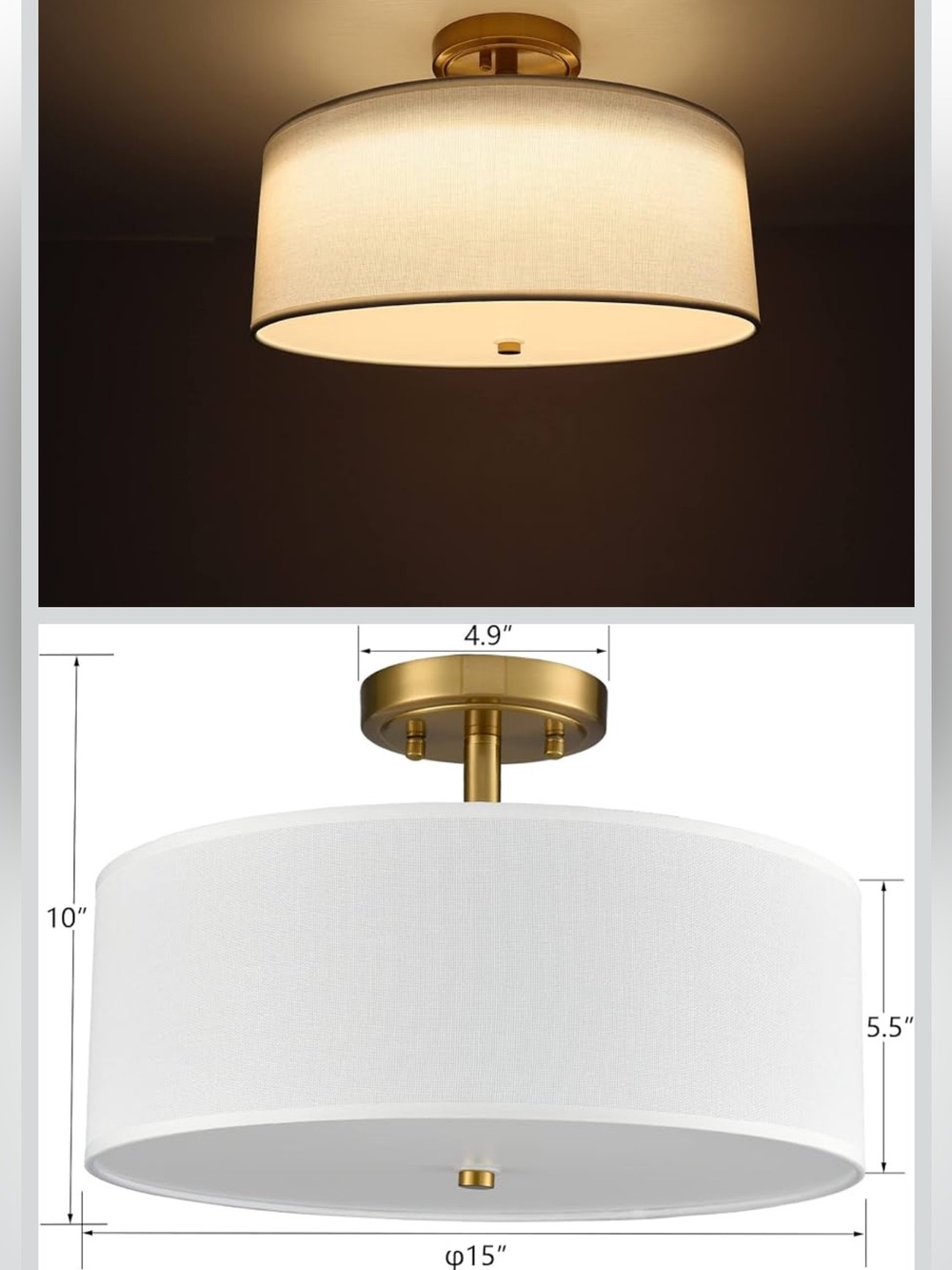 Brass Semi-Flush Ceiling Light with White Fabric Shade